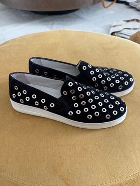 Prada Black Suede Slip-On Sneakers with Silver Eyelets
